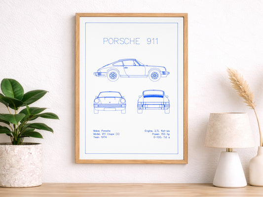 Porsche 911 Coupe (G) Blueprint Poster Drawing