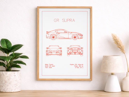 Toyota GR Supra 2026 Blueprint Poster Drawing