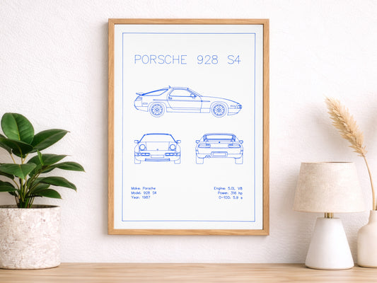 Porsche 928 S4 Blueprint Poster Drawing